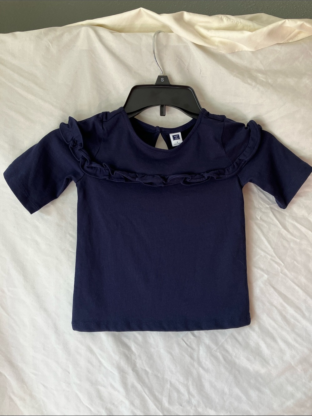 Janie and Jack Navy Short Sleeve Ruffle Front Top size 5
